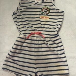 Hanna Andersson Navy Stripe Snoopy Terry Romper with Coral Drawcord
